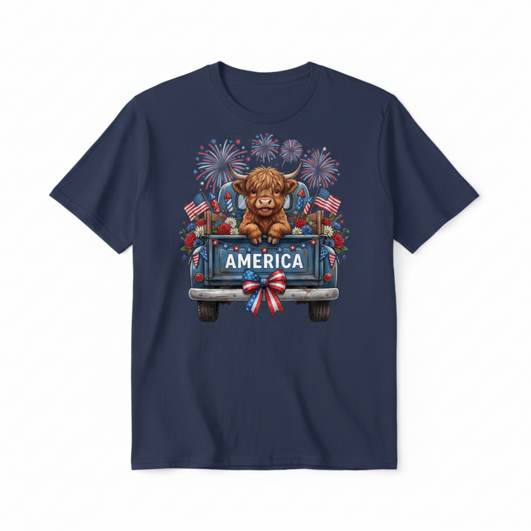 America Highland Cow - Navy T-Shirt