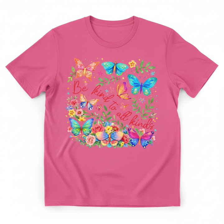 Be Kind to All Kinds Graphic Tee with colorful butterflies and floral print on a unisex t-shirt