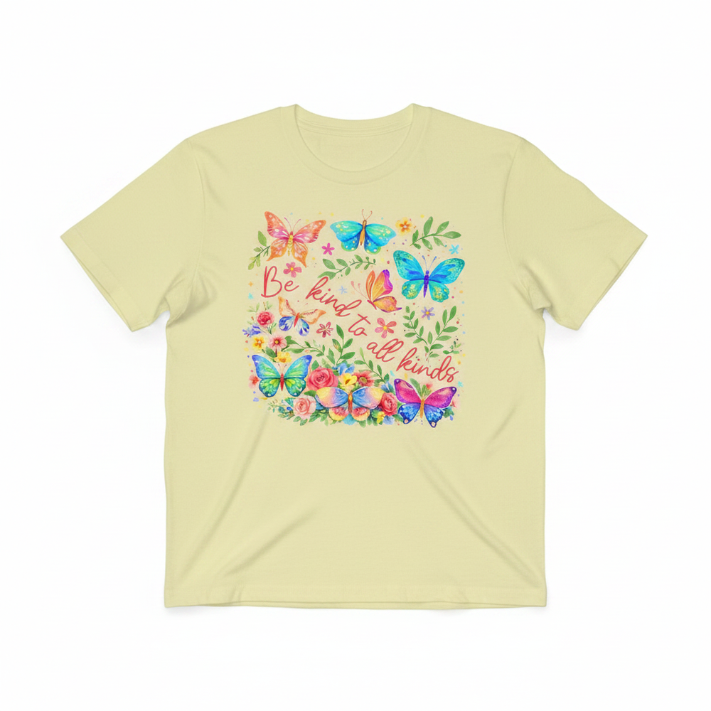 Be Kind to All Kinds Graphic Tee with colorful butterfly and floral design on a soft unisex shirt