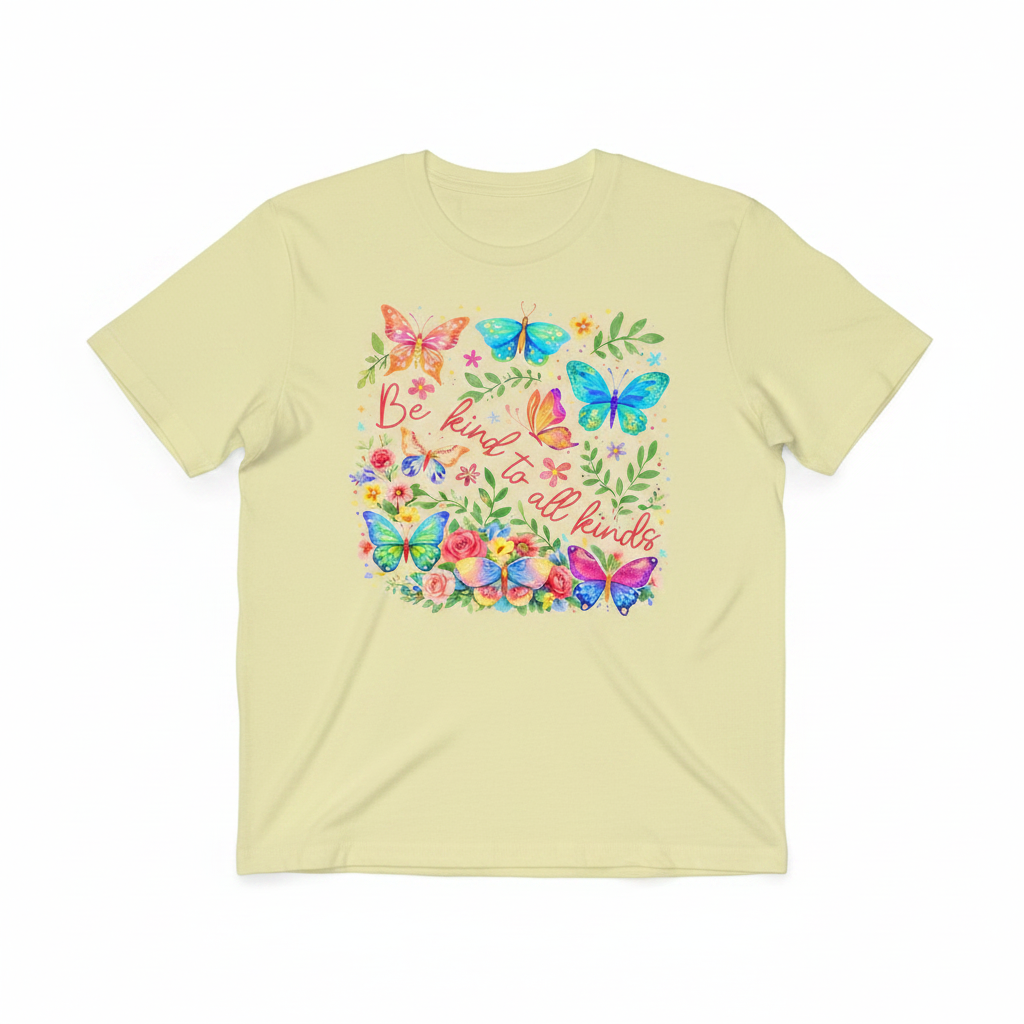Be Kind to All Kinds Graphic Tee with colorful butterfly and floral design on a soft unisex shirt