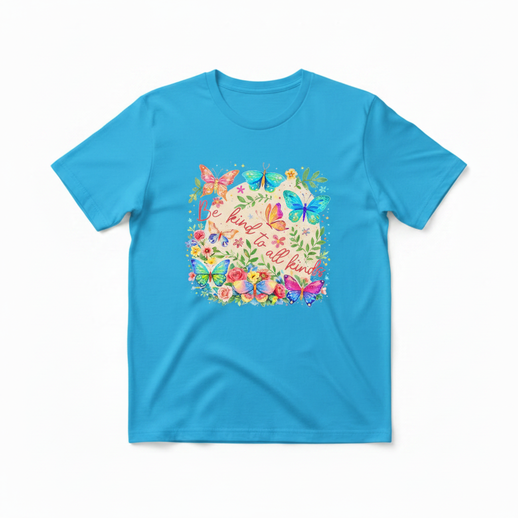 Be Kind to All Kinds Graphic Tee with colorful butterflies and floral design on soft unisex t-shirt
