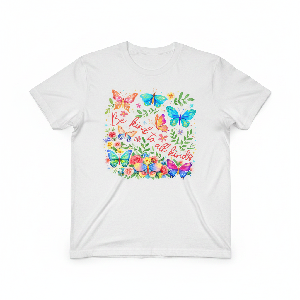 Be Kind to All Kinds Graphic Tee with colorful butterfly and floral design on soft unisex t-shirt