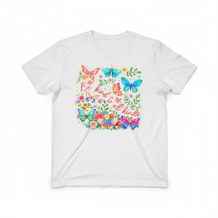 Be Kind to All Kinds Graphic Tee with colorful butterfly and floral design on soft unisex t-shirt