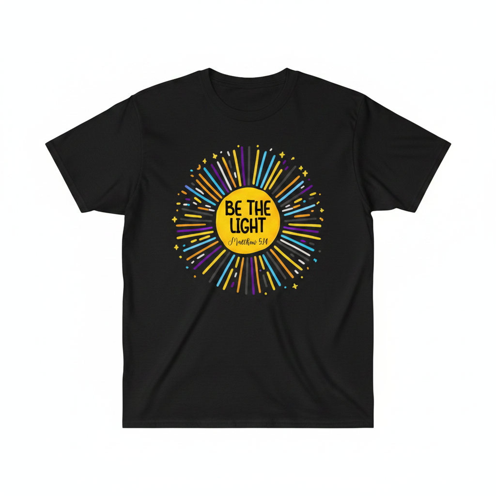 Be The Light sunburst graphic tee inspired by Matthew 5:14 with vibrant colors and faith message