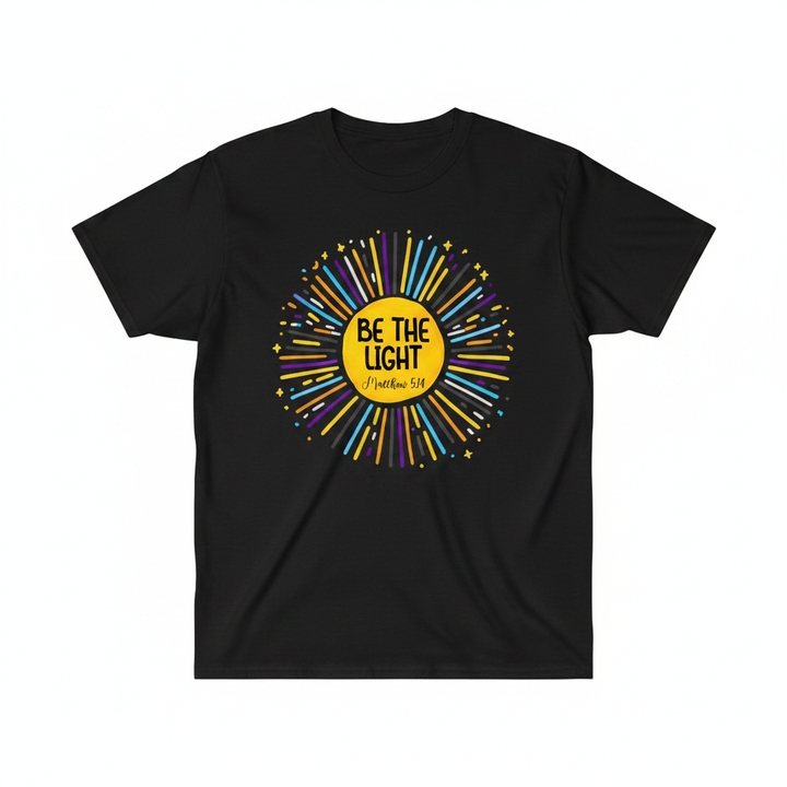 Be The Light sunburst graphic tee inspired by Matthew 5:14 with vibrant colors and faith message