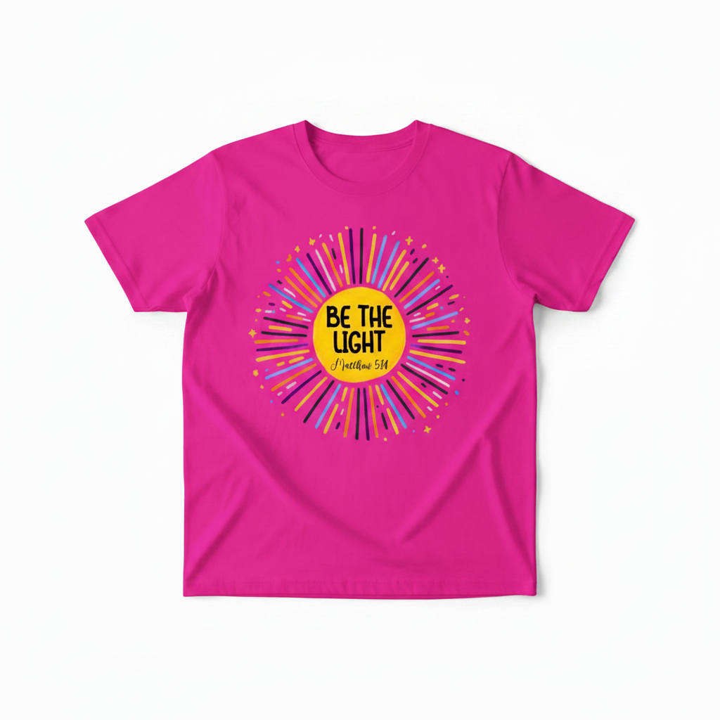 Be The Light sunburst graphic tee inspired by Matthew 5:14 with vibrant rays of color on a soft unisex shirt