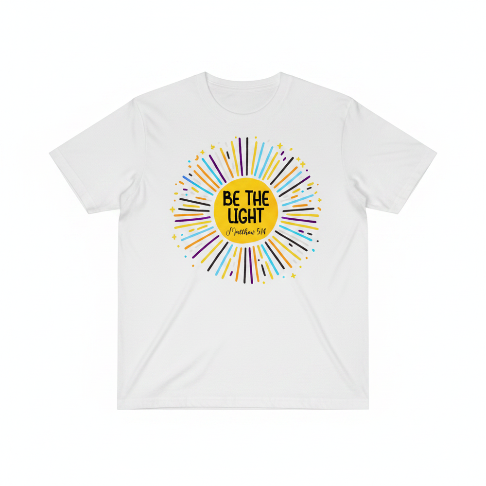 Be The Light graphic tee with vibrant sunburst and Matthew 5:14 biblical inspiration