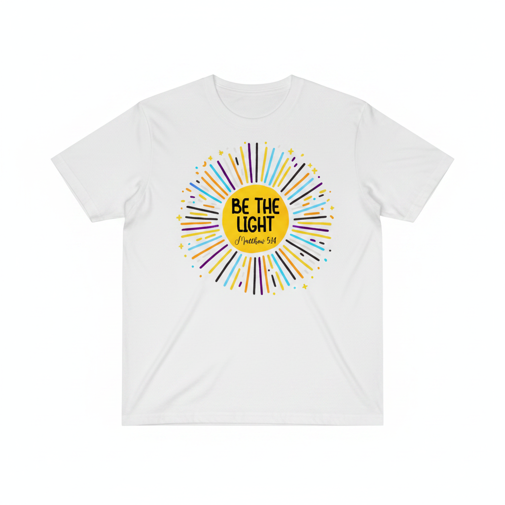 Be The Light graphic tee with vibrant sunburst and Matthew 5:14 biblical inspiration