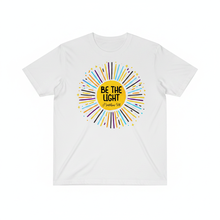 Be The Light graphic tee with vibrant sunburst and Matthew 5:14 biblical inspiration