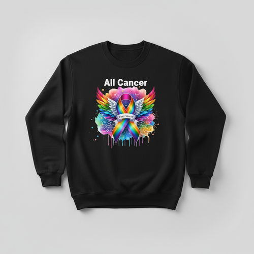 Black sweatshirt mockup with all cancer rainbow ribbon design