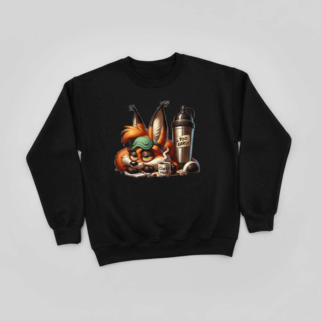 Black sweatshirt mockup with grumpy fox coffee design