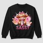 Black sweatshirt mockup with sassy highland cow design