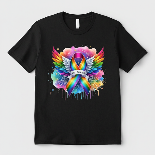 Black t-shirt mockup with all cancer rainbow ribbon design
