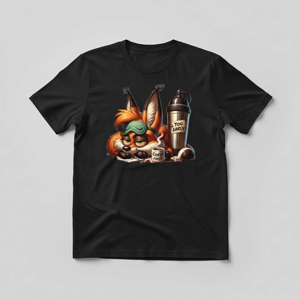 Black t-shirt mockup with grumpy fox coffee design