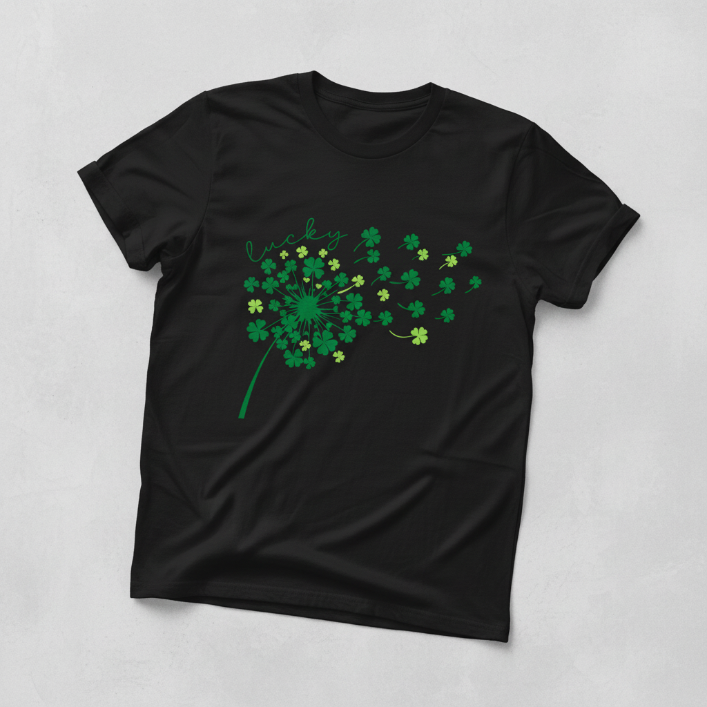 Black t-shirt mockup with lucky shamrock dandelion design
