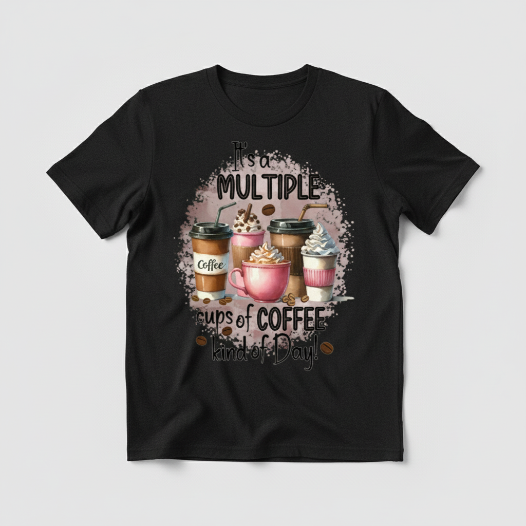Black t-shirt mockup with multiple coffee cups design