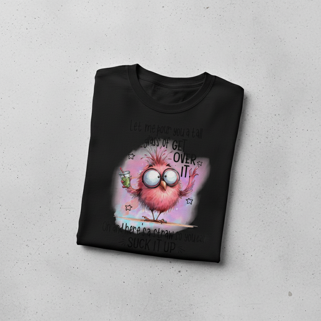Black t-shirt mockup with sassy bird design