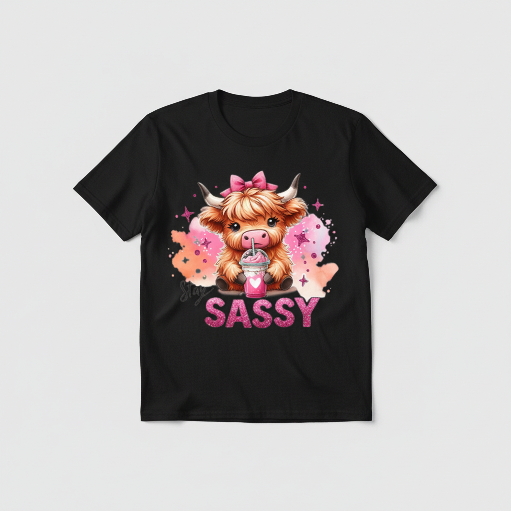 Black t-shirt mockup with sassy highland cow design