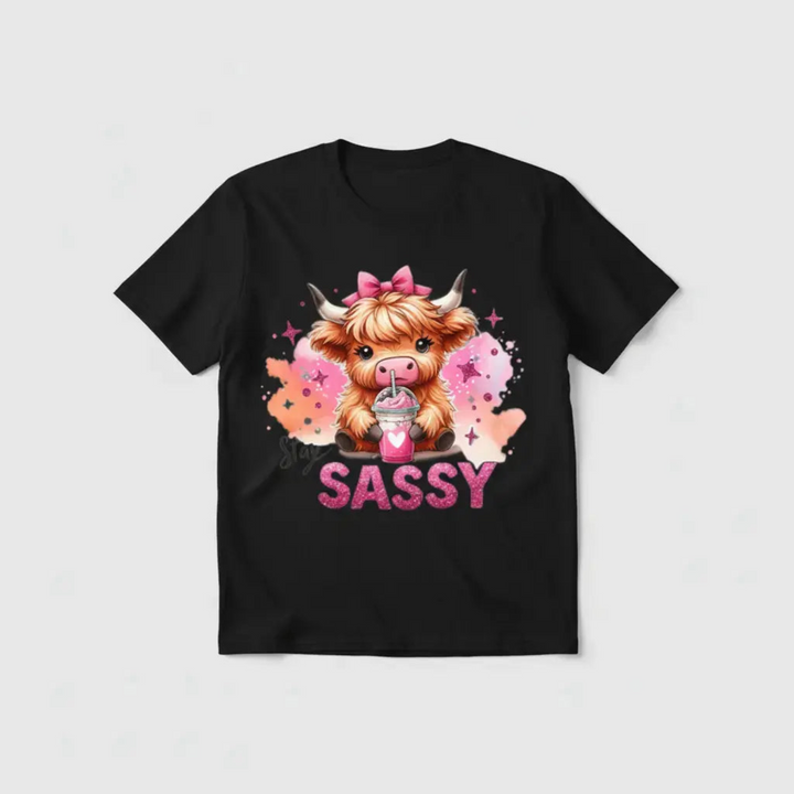 Black t-shirt mockup with sassy highland cow design