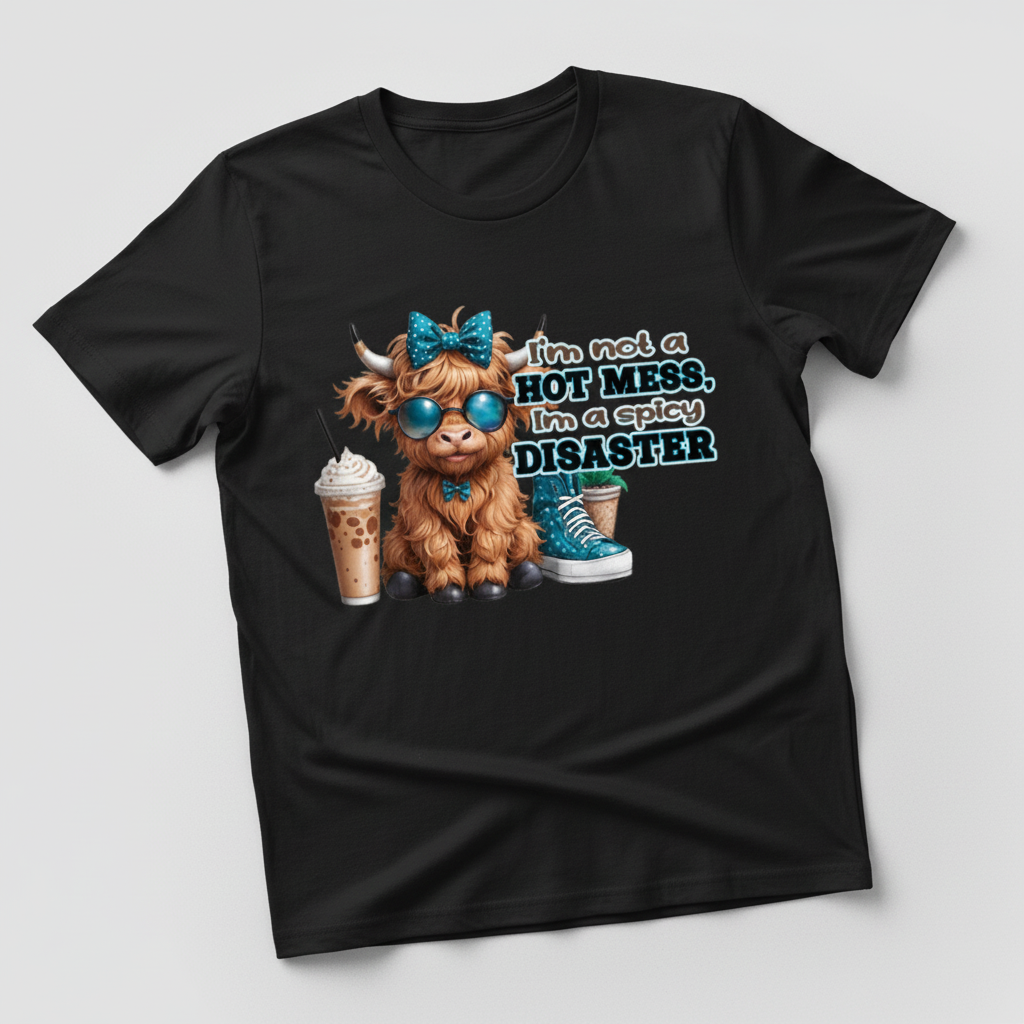 Black t-shirt mockup with spicy disaster highland cow