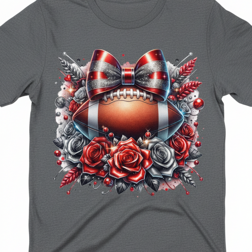 White tee with football, red and silver glitter bow, and floral roses design