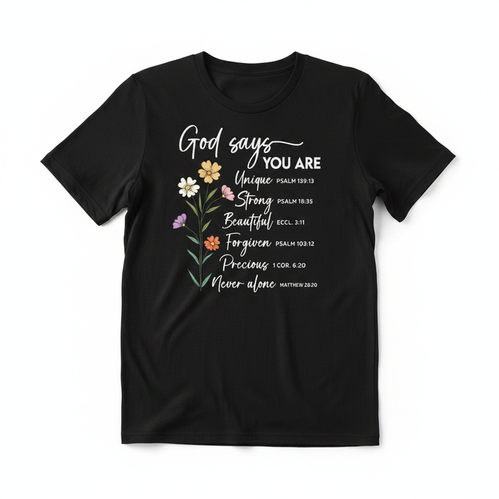 Unisex graphic tee with God Says You Are scripture and wildflower design