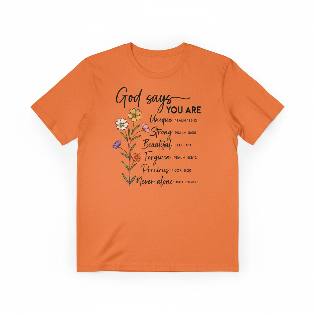 God Says You Are scripture graphic tee with wildflower bouquet design on soft unisex shirt