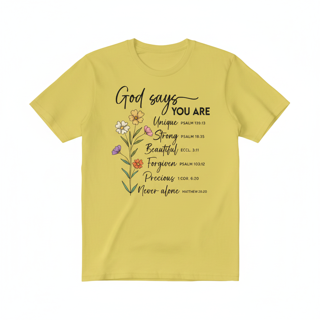 Unisex graphic tee with wildflower design and scripture text "God Says You Are" promoting strength and encouragement