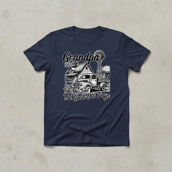 Nostalgic Grandpa T Shirt Gift showcasing a detailed vintage farm layout with a classic old truck, rustic barn, and windmill illustration.