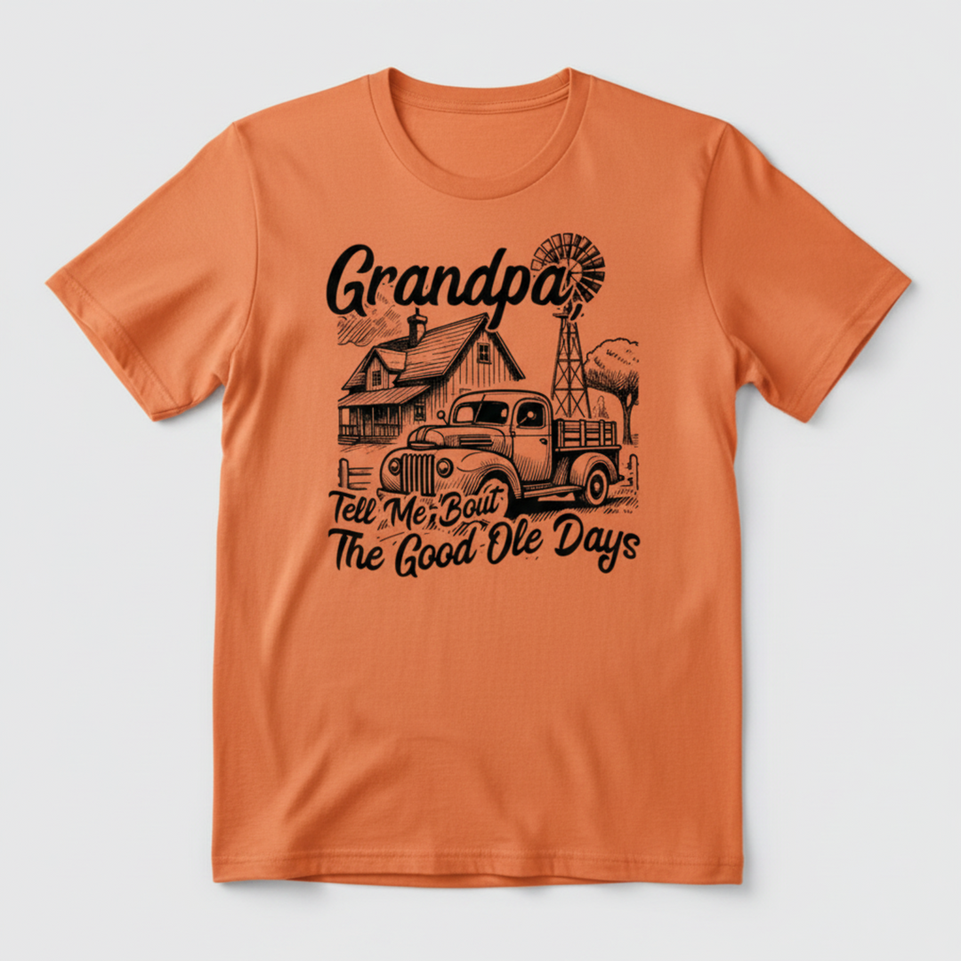 Nostalgic Grandpa T Shirt Gift showcasing a detailed vintage farm layout with a classic old truck, rustic barn, and windmill illustration.