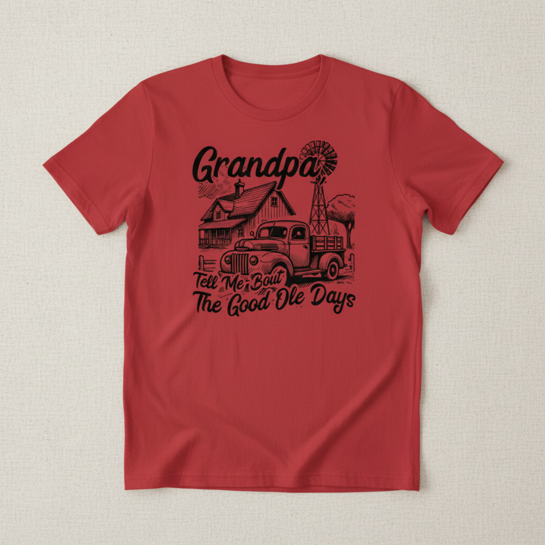 Nostalgic Grandpa T Shirt Gift showcasing a detailed vintage farm layout with a classic old truck, rustic barn, and windmill illustration.