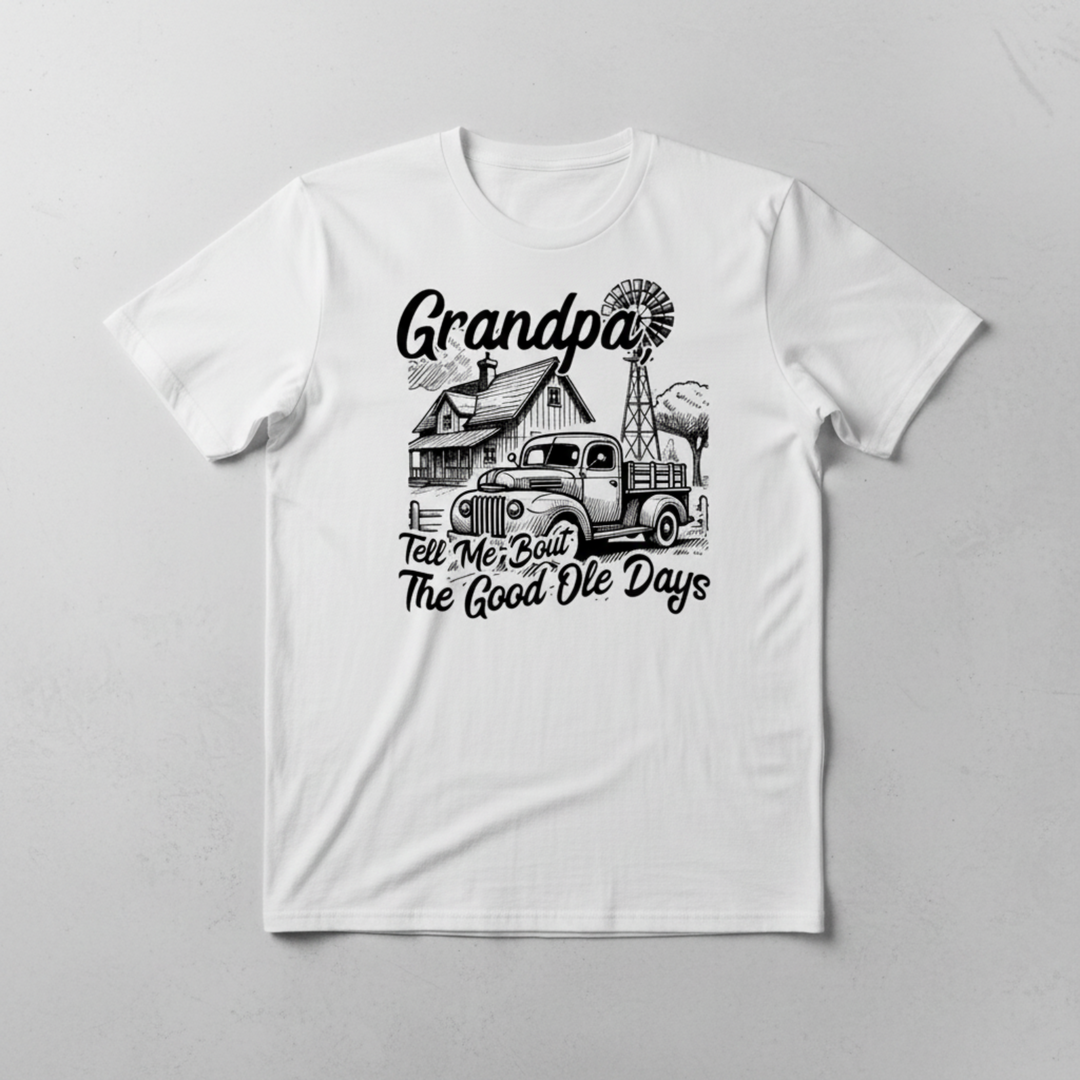 Nostalgic Grandpa T Shirt Gift showcasing a detailed vintage farm layout with a classic old truck, rustic barn, and windmill illustration.