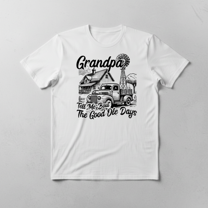 Nostalgic Grandpa T Shirt Gift showcasing a detailed vintage farm layout with a classic old truck, rustic barn, and windmill illustration.