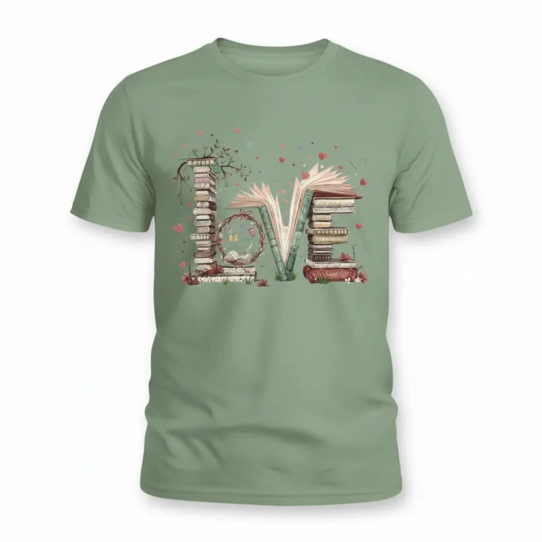 Charming Cute Bookworm Graphic Tee showcasing a detailed illustration of a cozy stack of literary books forming the word LOVE with floating hearts and delicate branches.