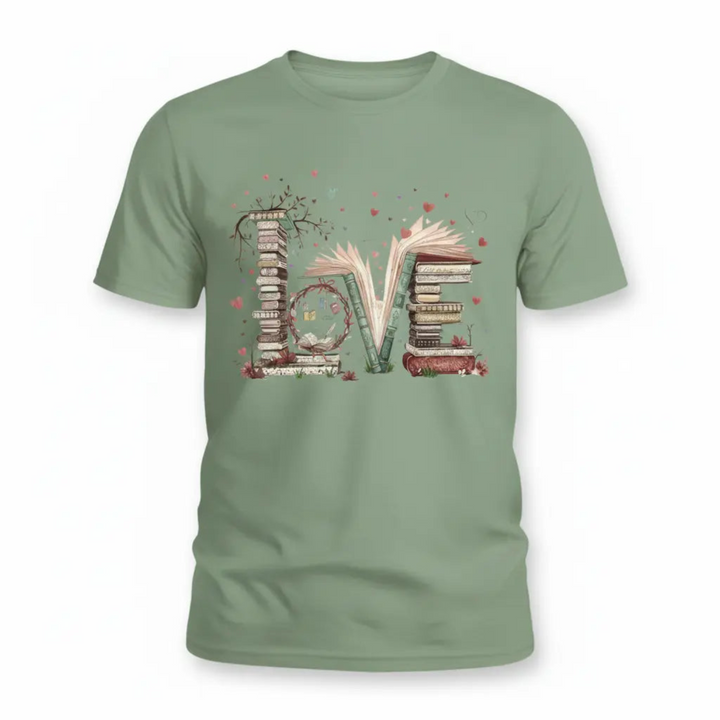 Charming Cute Bookworm Graphic Tee showcasing a detailed illustration of a cozy stack of literary books forming the word LOVE with floating hearts and delicate branches.