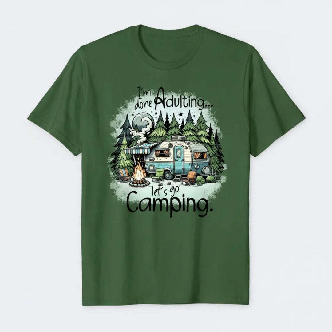 A vibrant Funny Camper Graphic Tee featuring a glowing moon scene and a cozy retro camper trailer illustration