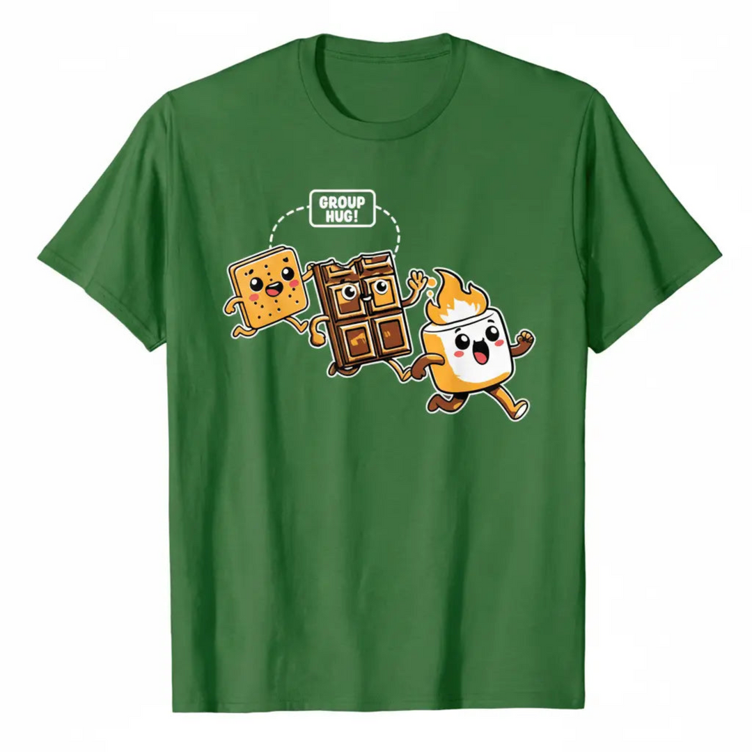 Playful Funny Camping Graphic Tee showcasing a colorful kawaii illustration of a graham cracker, chocolate, and marshmallow running into a campfire group hug.