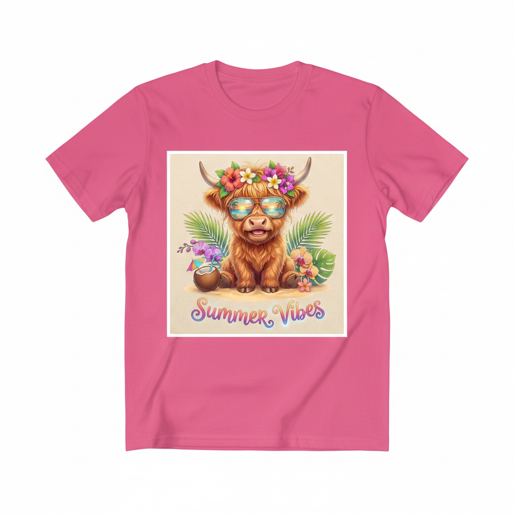 Summer Vibes Highland Cow graphic tee with aviator shades, flower crown, and tropical coconut drink design on soft unisex shirt