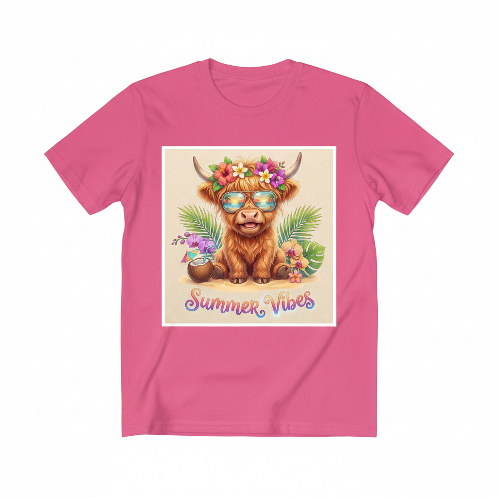 Summer Vibes Highland Cow graphic tee with aviator shades, flower crown, and tropical coconut drink design on soft unisex shirt