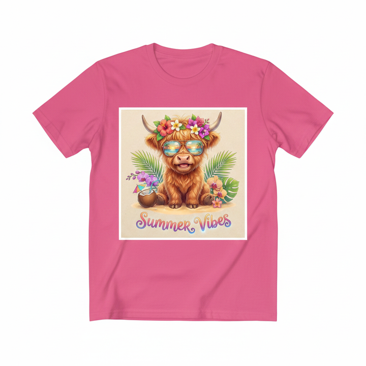 Summer Vibes Highland Cow graphic tee with aviator shades, flower crown, and tropical coconut drink design on soft unisex shirt