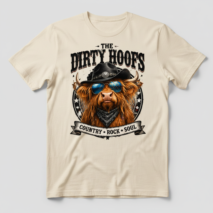 Cream t-shirt mockup with The Dirty Hoofs Country Rock Soul western bull design