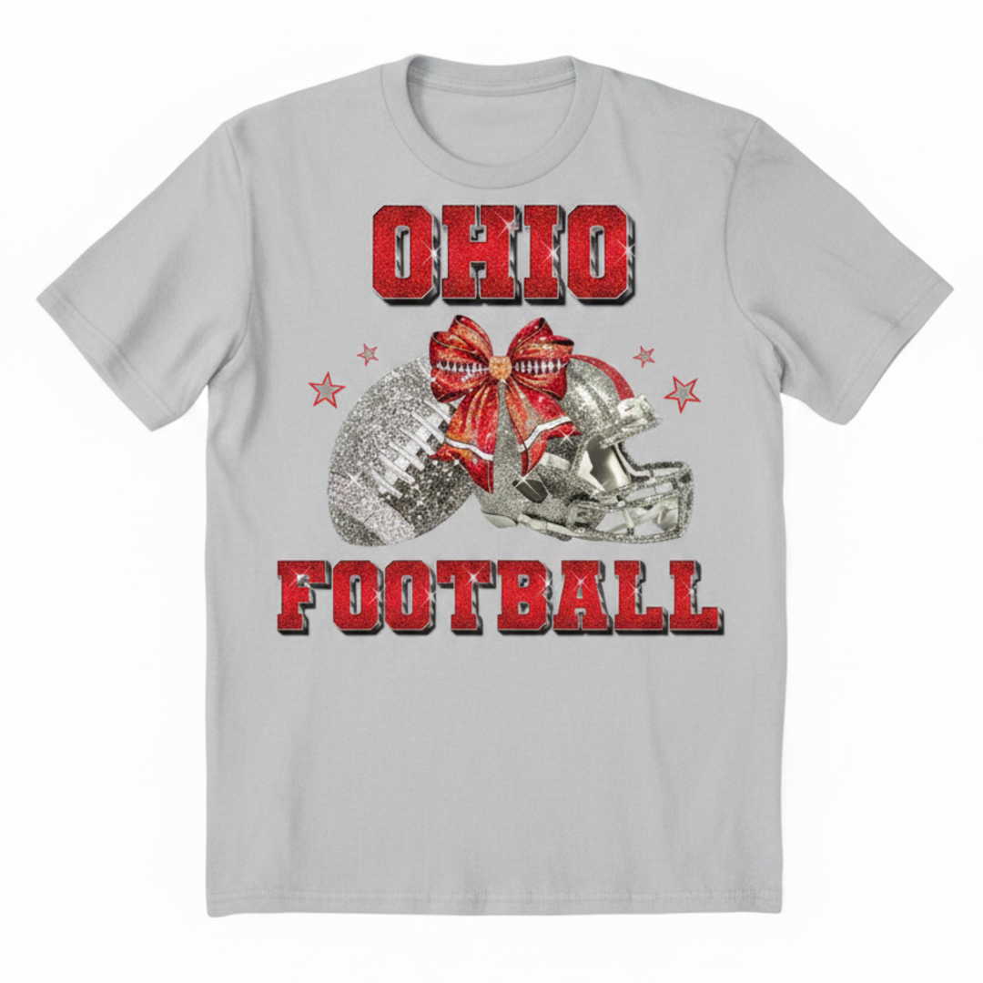 Ohio Football Glitter Rhinestone Graphic Tee with red glitter letters and silver rhinestone football design
