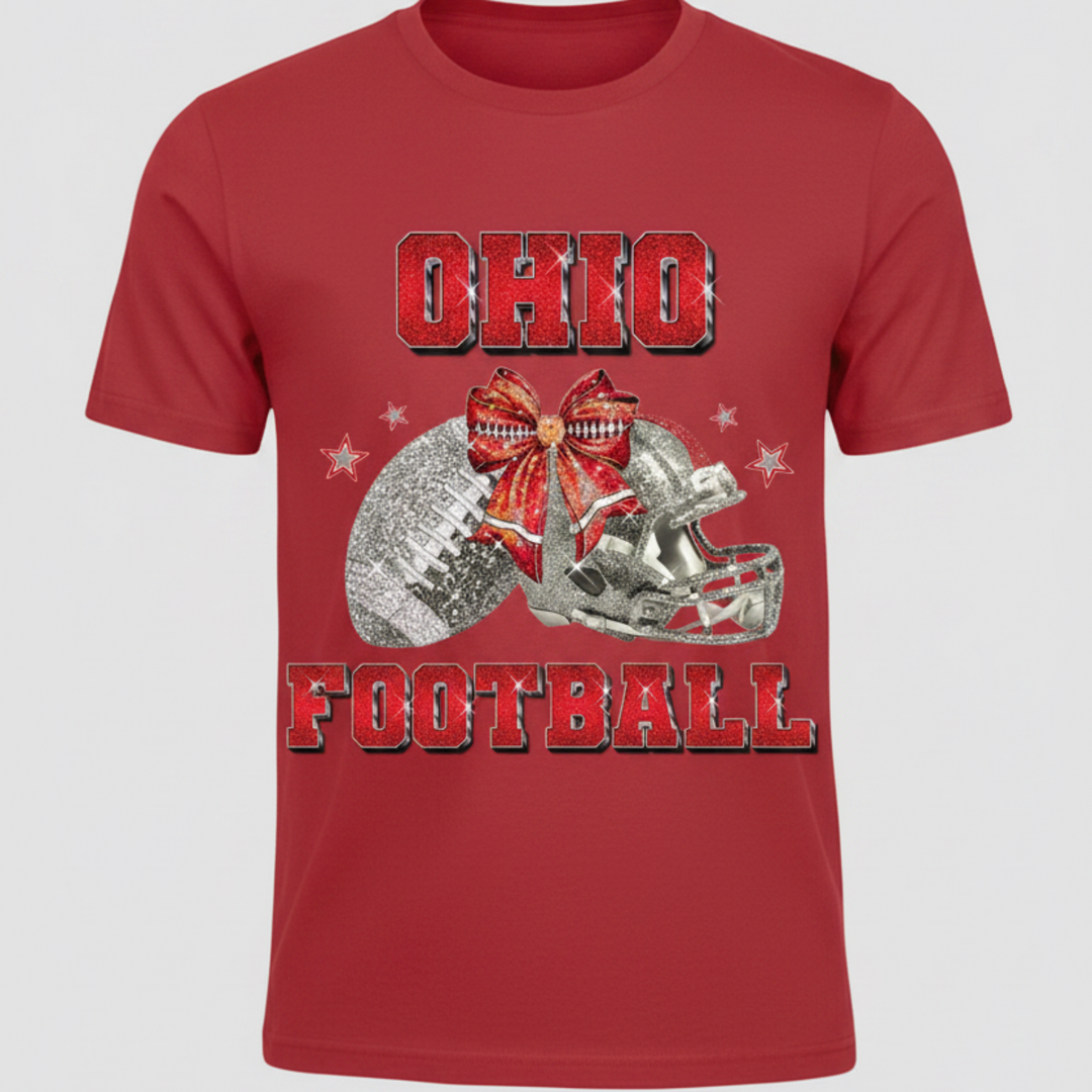 Ohio Football Glitter Rhinestone Graphic Tee with red glitter letters, rhinestone football and helmet, and red bow accent