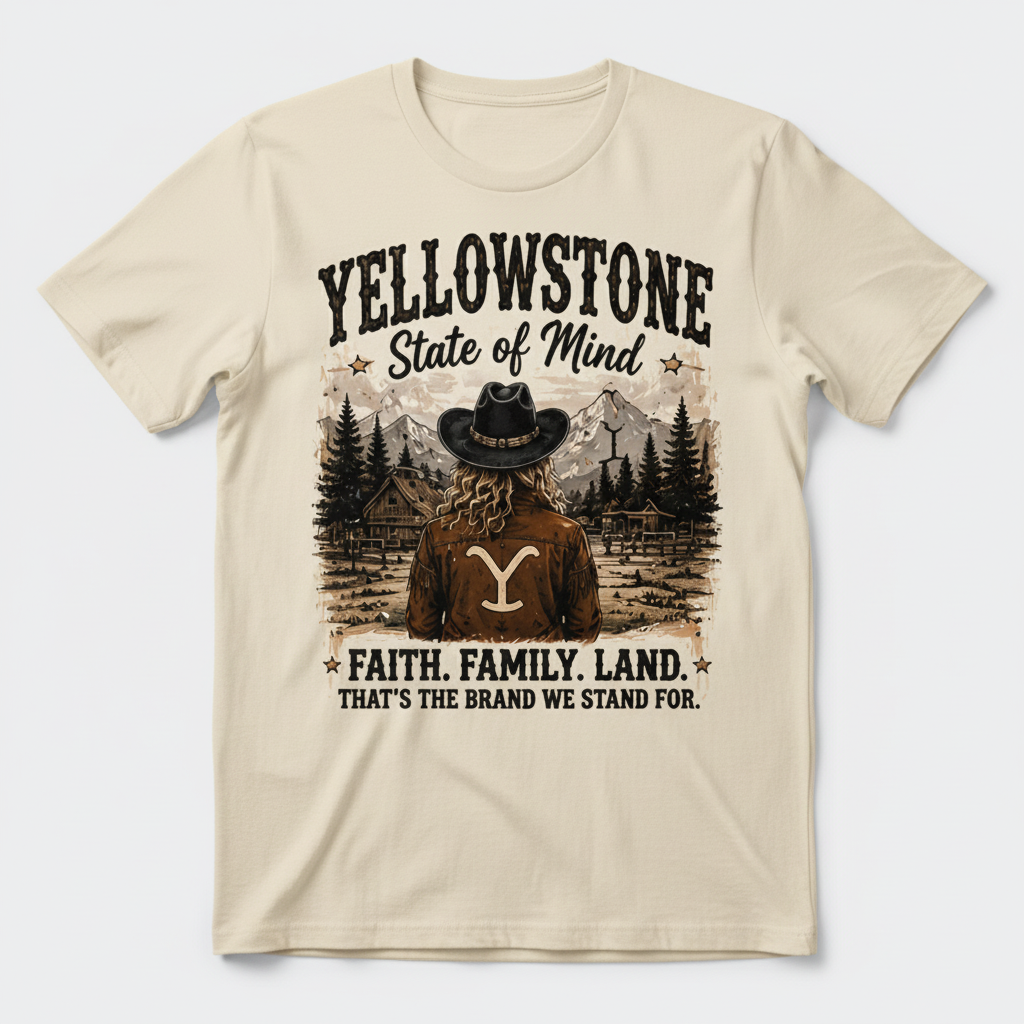 Cream t-shirt mockup with the Yellowstone State of Mind Faith Family Land design