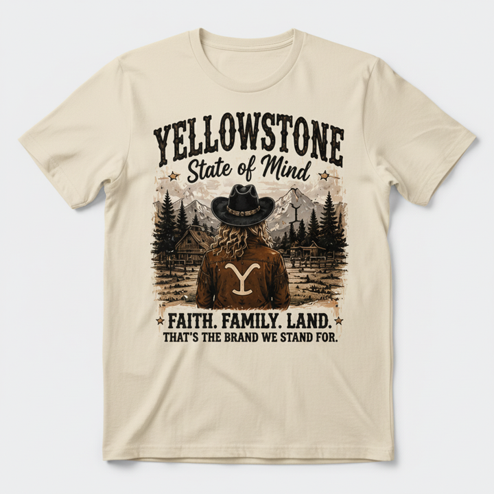 Cream t-shirt mockup with the Yellowstone State of Mind Faith Family Land design