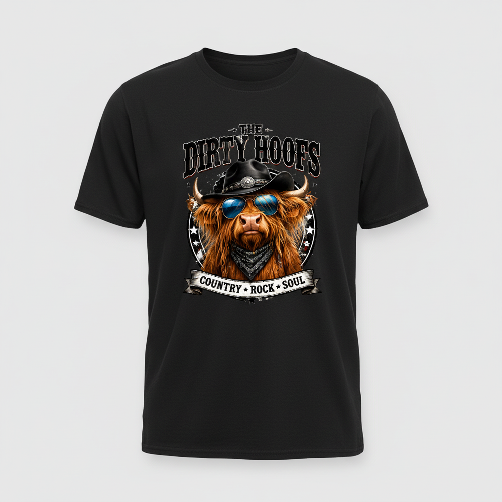 Black t-shirt mockup with The Dirty Hoofs Country Rock Soul western bull design