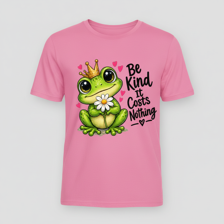 Hot pink t-shirt mockup with the Be Kind It Costs Nothing crowned frog design