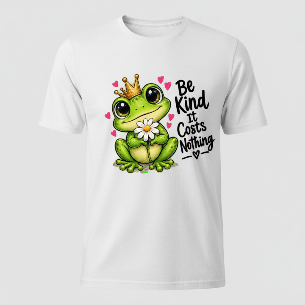 White t-shirt mockup with the Be Kind It Costs Nothing crowned frog design