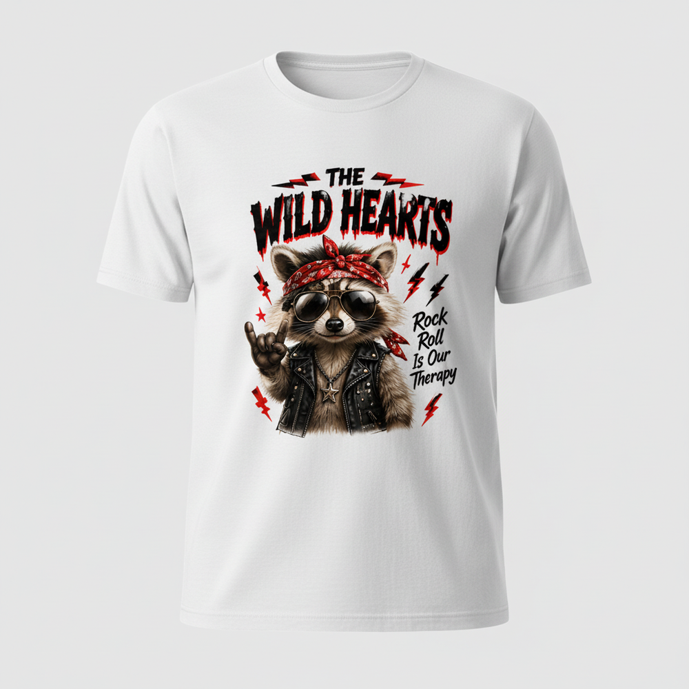 White t-shirt mockup with the Wild Hearts Rock and Roll Is Our Therapy raccoon design