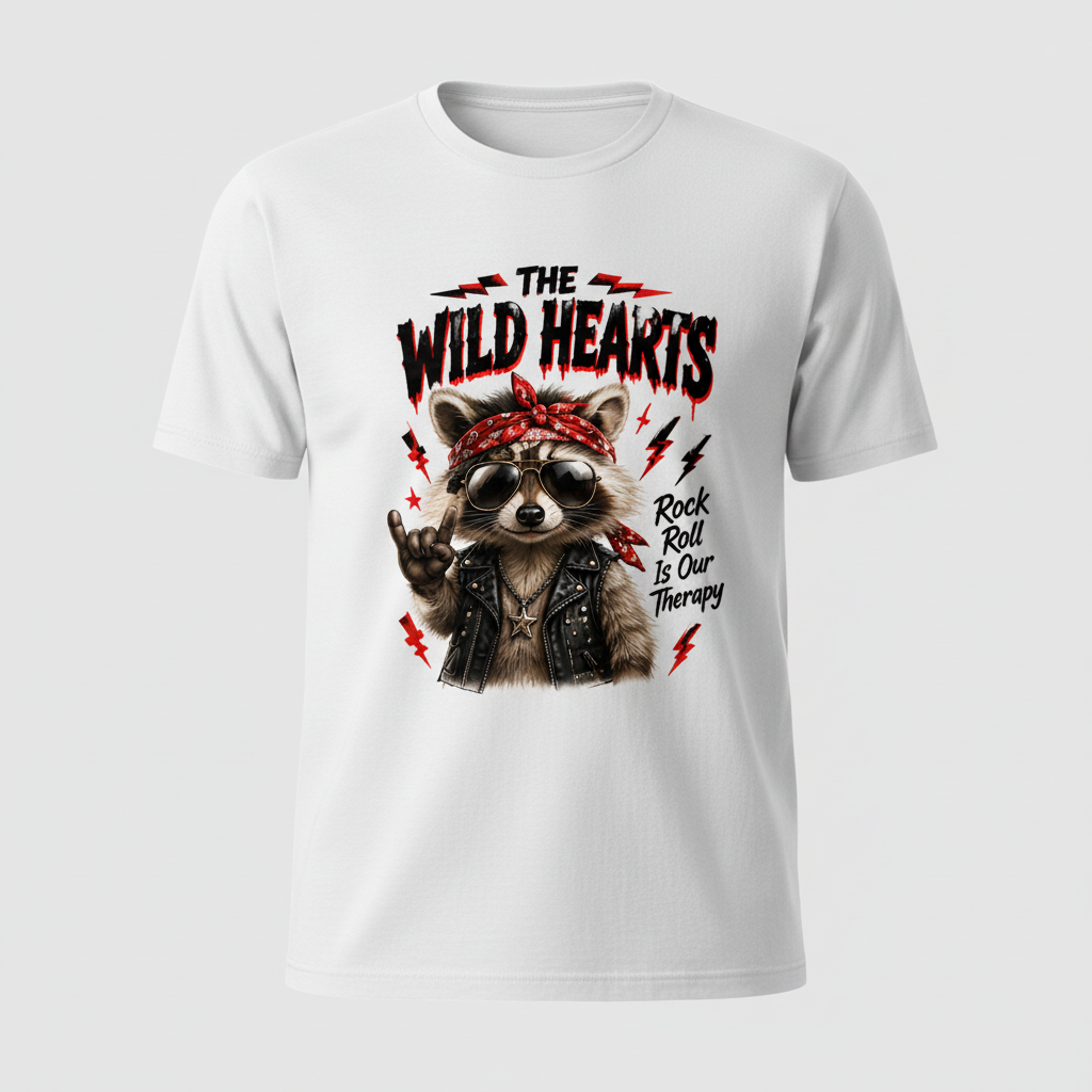White t-shirt mockup with the Wild Hearts Rock and Roll Is Our Therapy raccoon design